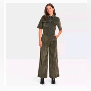 NWT Universal Thread Olive Flocked Denim Jumpsuit 14 Holiday Statement